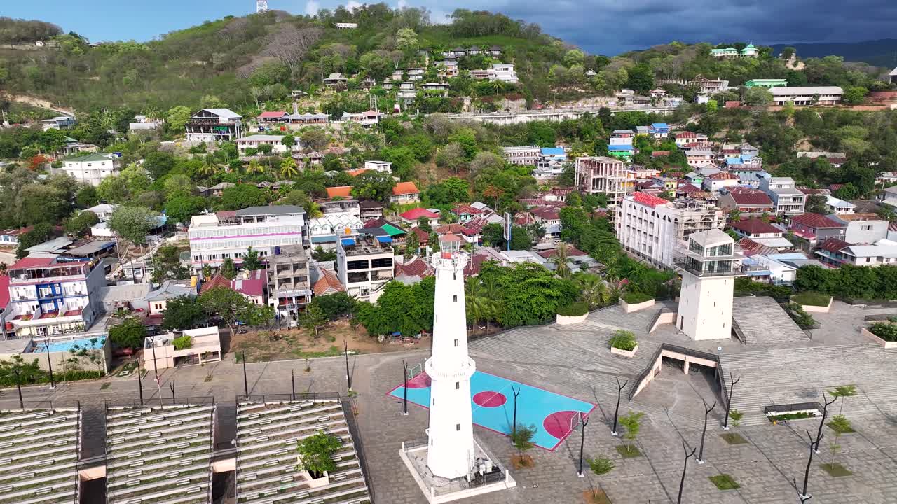 Aerial View of a Town with a Lighthouse and Harbor