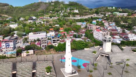 aerial view of a town with a lighthouse and harbor
