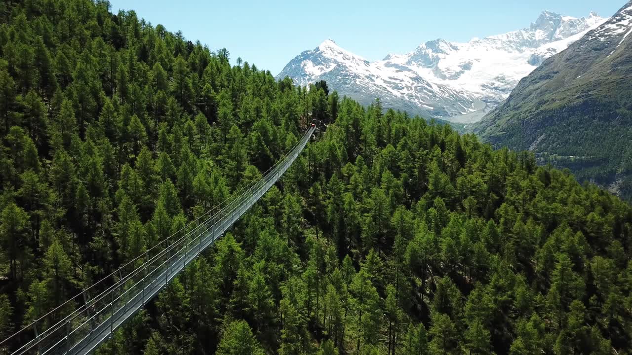 Aerial View of Suspension Bridge in the Swiss Alps