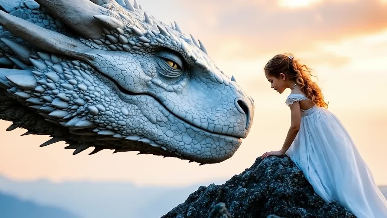 A woman in a white dress standing next to a dragon