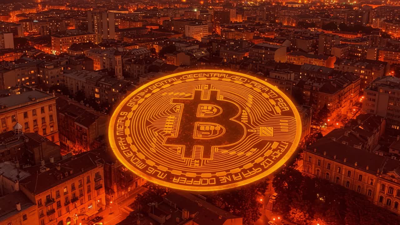 A Stunning Aerial View of a City at Dusk with a Giant Bitcoin Symbol Illuminating the Skyline, Showcasing the Intersection of Technology and Urban Life