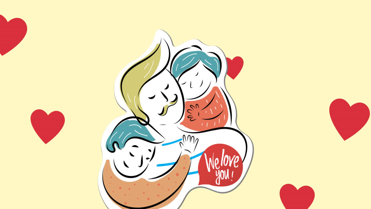 마음으로 노란색 배경에 아버지와 아이들의 애니메이션