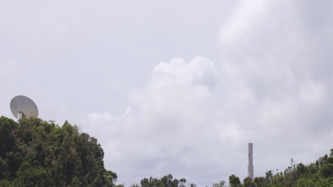 푸에르토리코의 아레시보 천문대 위로 밝은 하늘, 숲 나무 뒤에 위성 접시를 드러내다