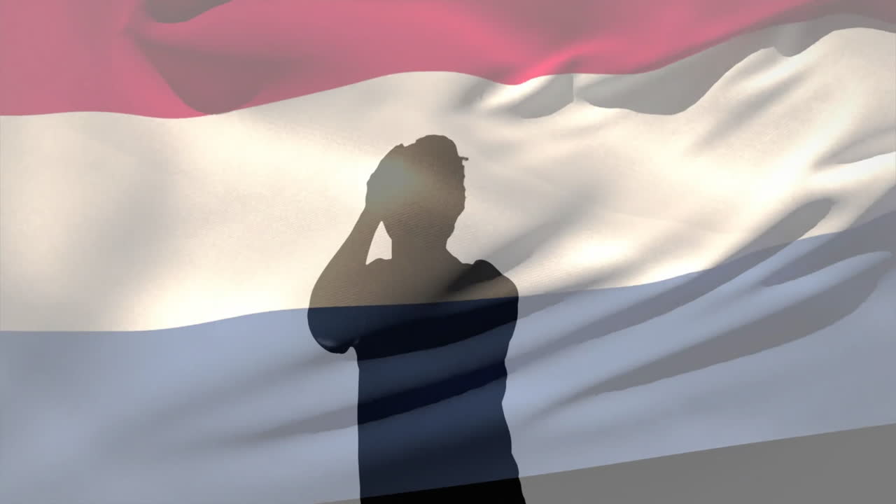 woman silhouette capturing tech content against animated flag backdrop with red white blue stripes