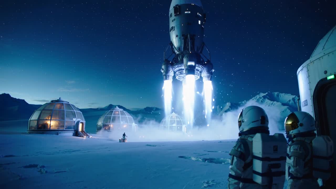 Rakettilaskeutuja laukaistaan moottorit käynnissä, nousten lumikentältä yöllä, puvutetun miehistön seuratessa kupoleja.