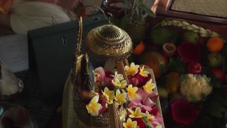 flowers and fruits for offering at the yagya fire ceremony hindu