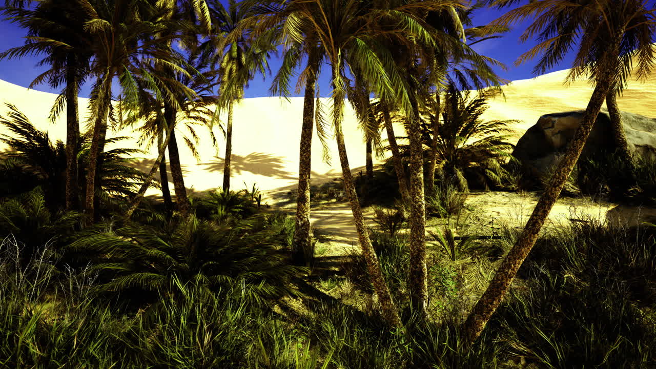Lush tropical vegetation in a serene desert oasis landscape at midday