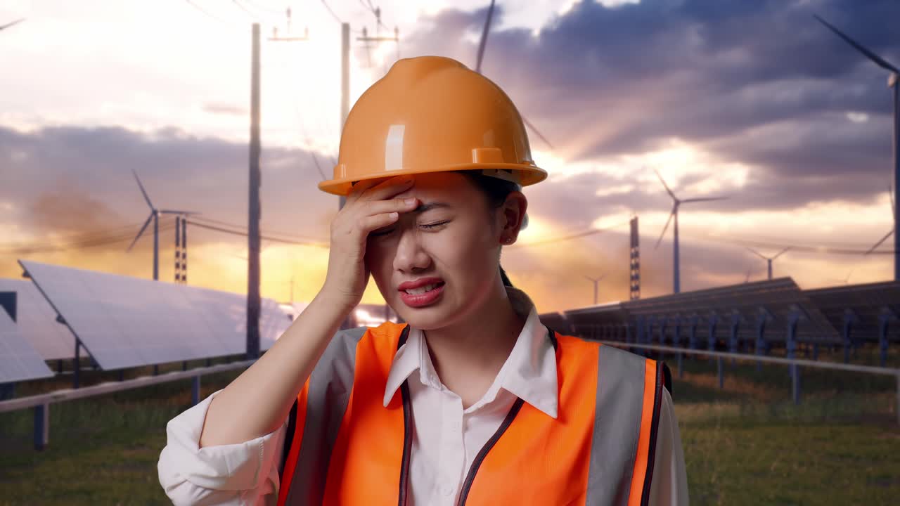 Close Up Of Asian Female Engineer With Safety Helmet Having A Headache While Working With Solar Panel and Wind Turbines