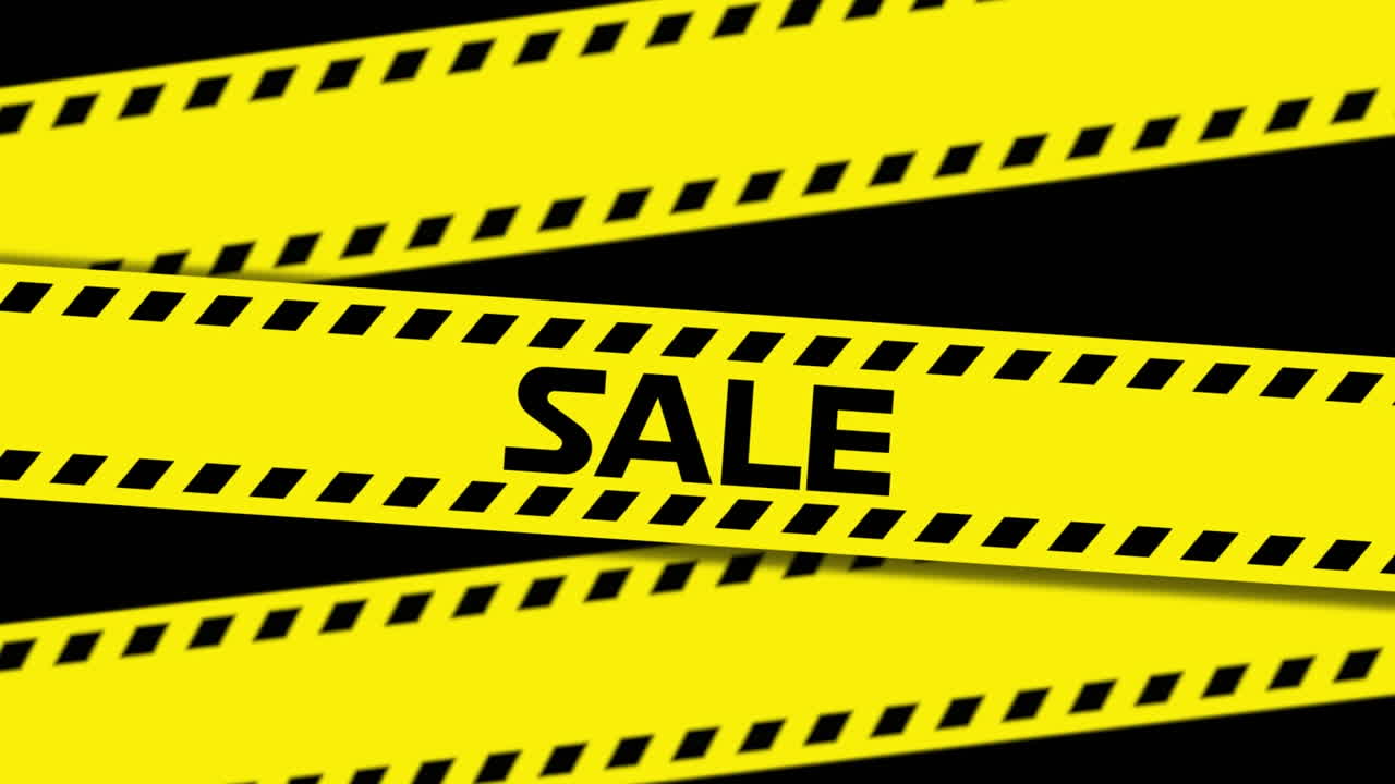 노란색 위험 테이프에 판매 텍스트의 애니메이션, 검은색 배경에 파란색 연기 폭발