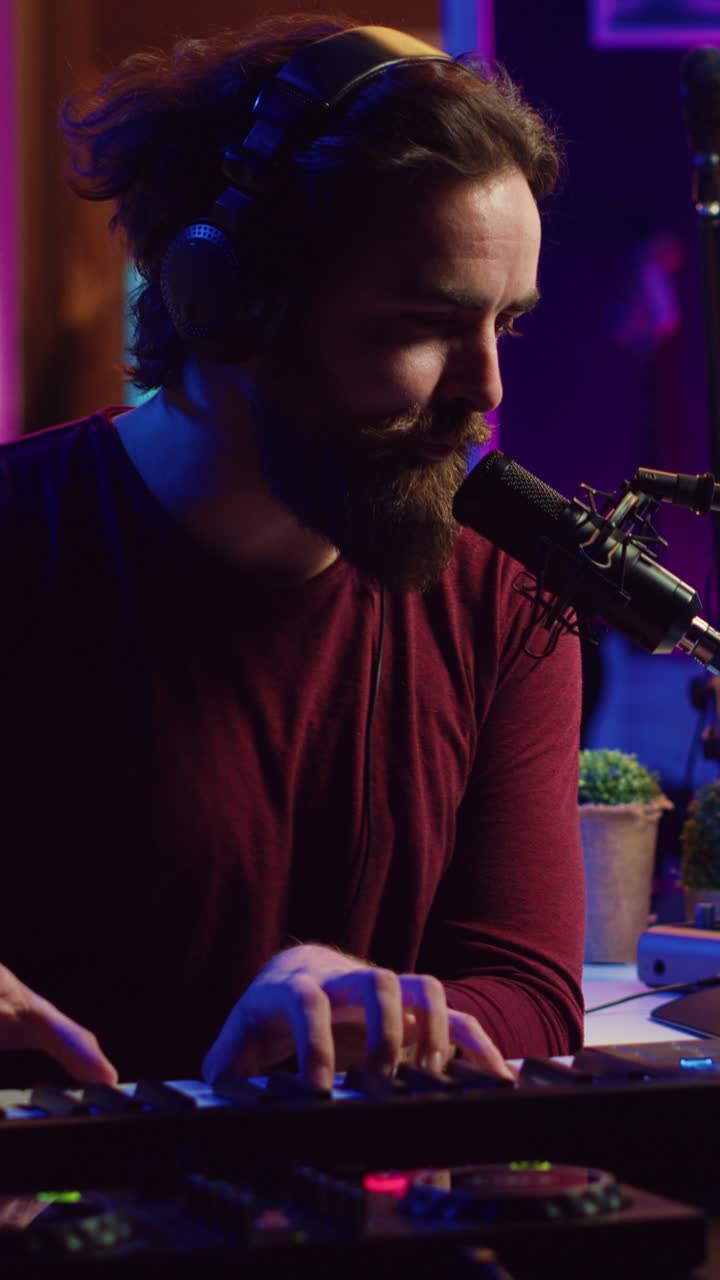 Uomo barbuto che suona la tastiera e canta in uno studio musicale