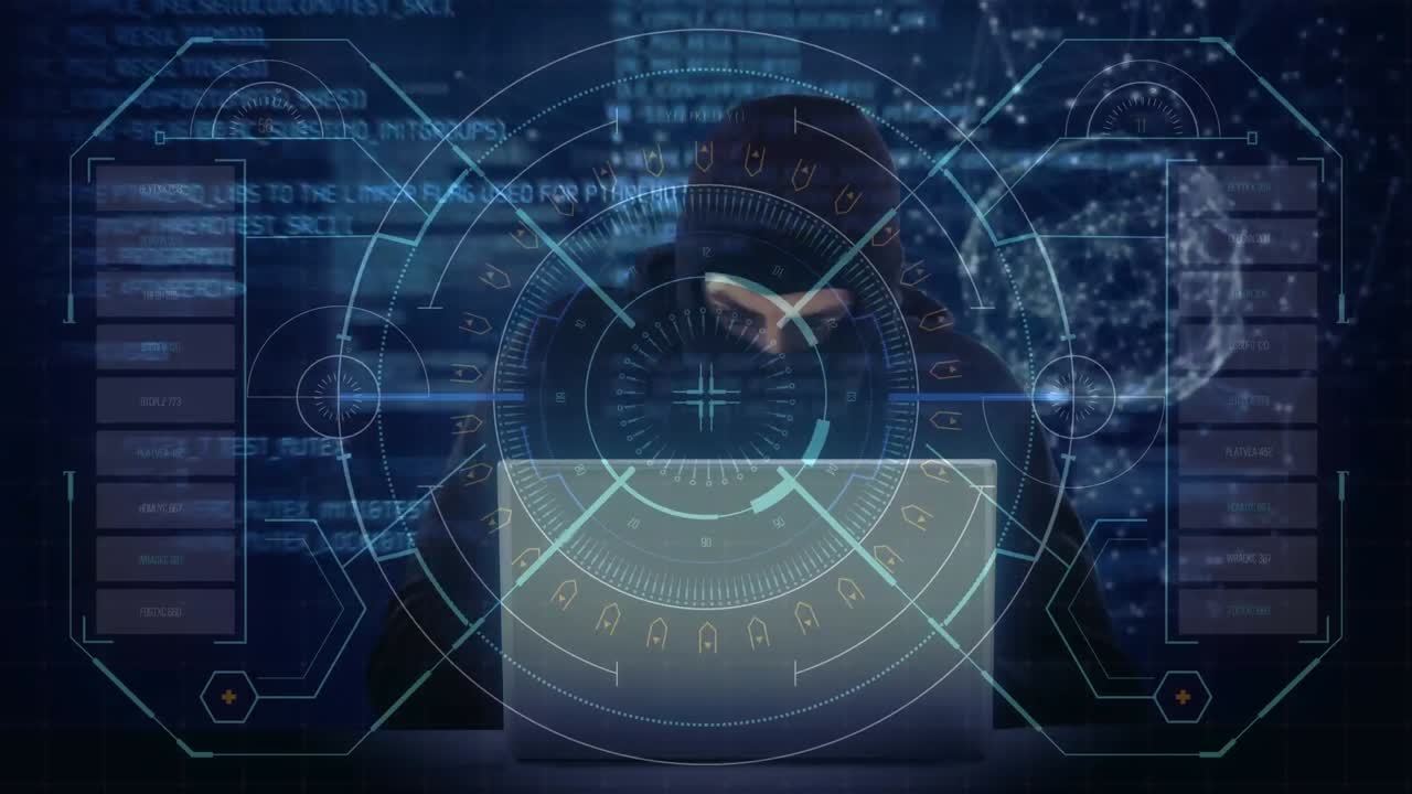 animación del procesamiento de datos sobre un hacker con una computadora portátil