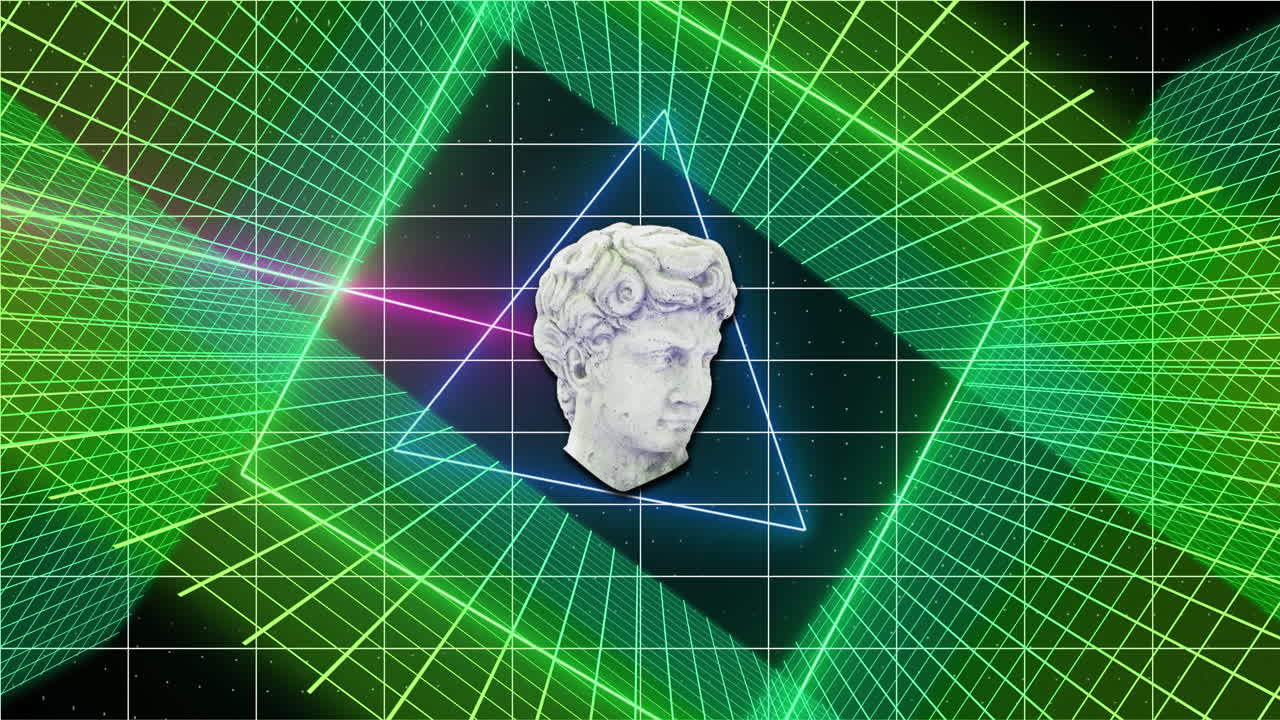 검은색 배경에 다채로운 모양을 간섭하는 머리 조각의 애니메이션