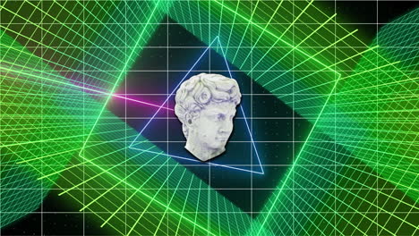 animación de la escultura de la cabeza con interferencia sobre formas coloridas sobre fondo negro.