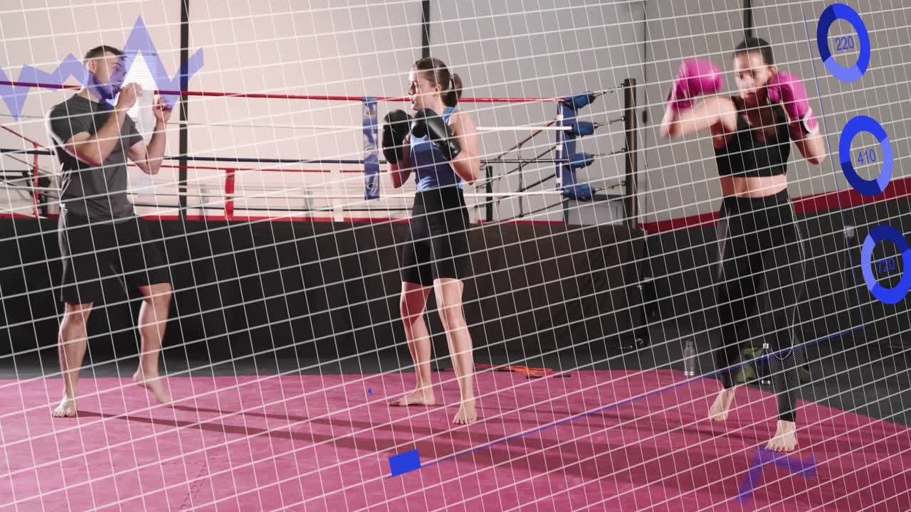 Coach cueing, two boxing trainees throwing jabs and blocking for skill while blue overlaying charts