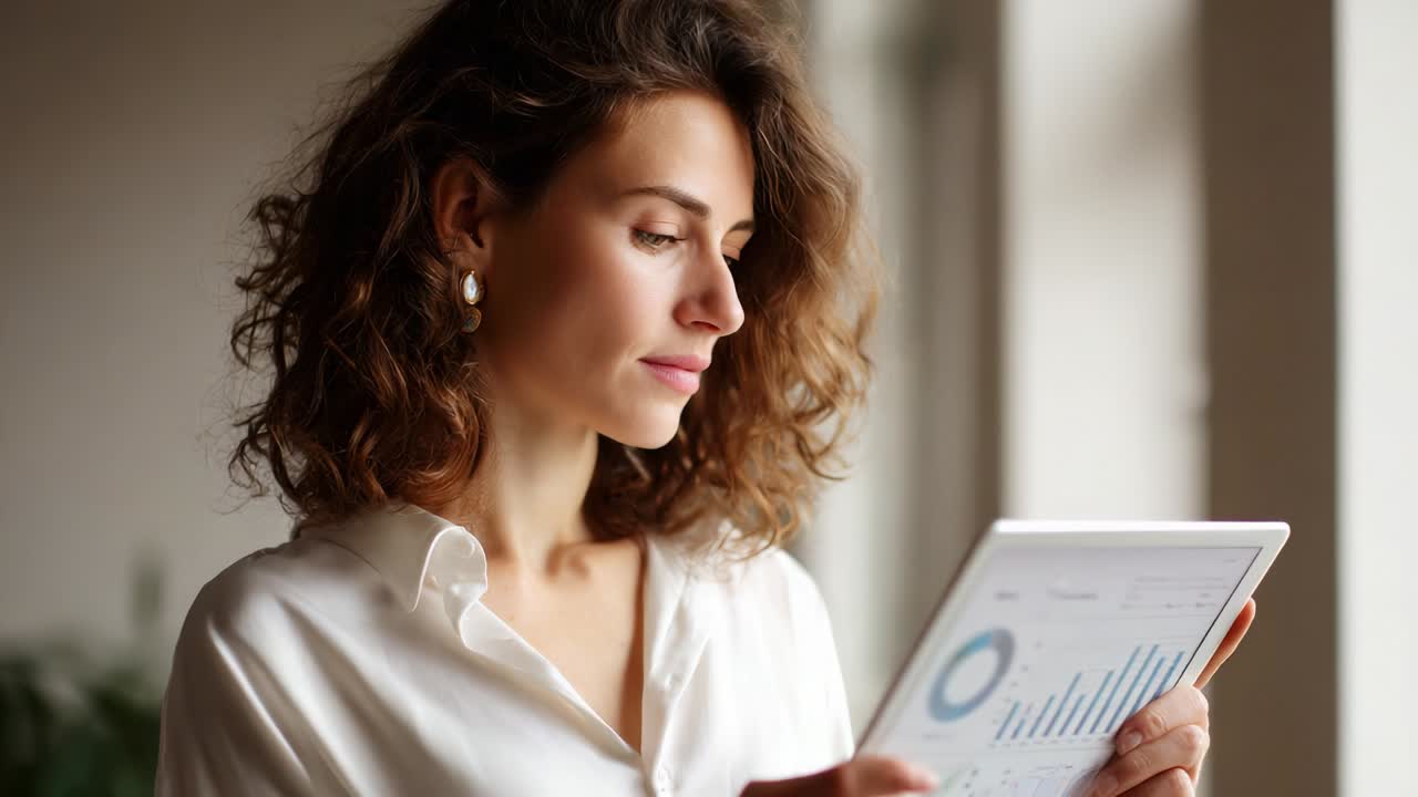 A thoughtful woman with curly hair examines data on a digital tablet, analyzing graphs and statistics, reflecting her engagement in data-driven decision-making and modern technology in a professional setting