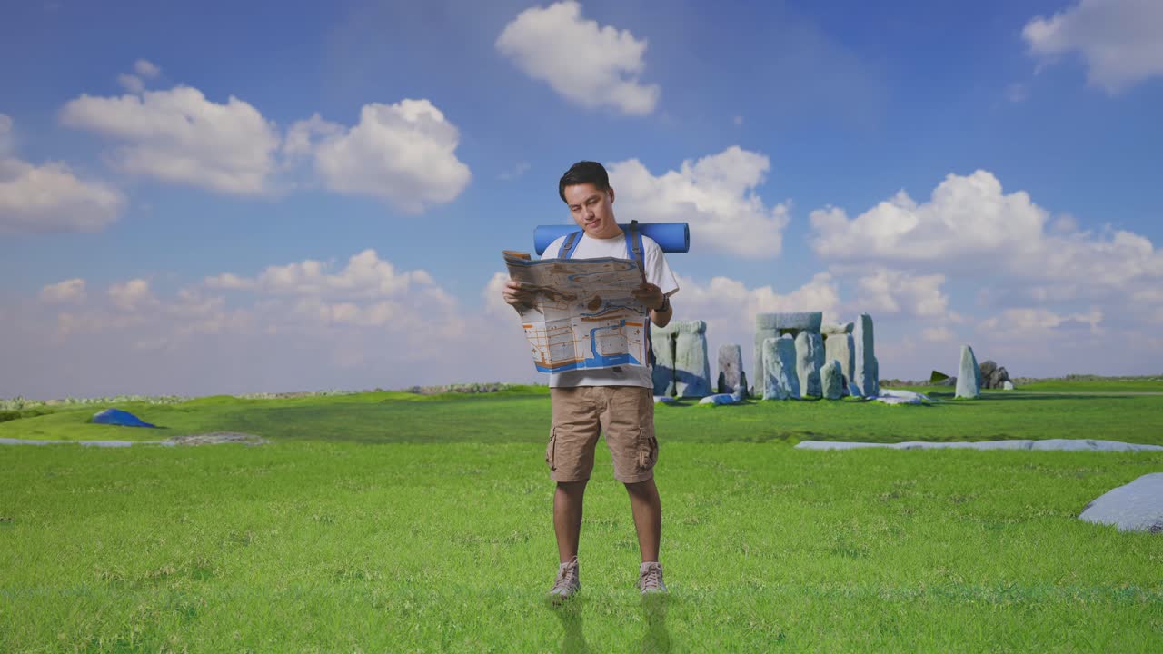 Man Hiking at Stonehenge with Map