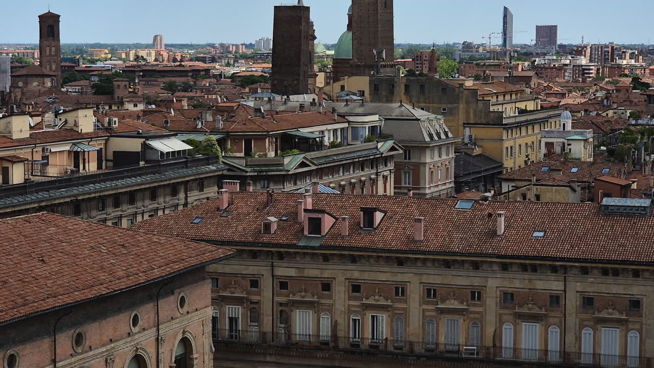 Aerial view above the city center of Bologna, Italy