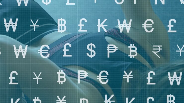 Animation of currency symbols over caucasian woman exercising at gym