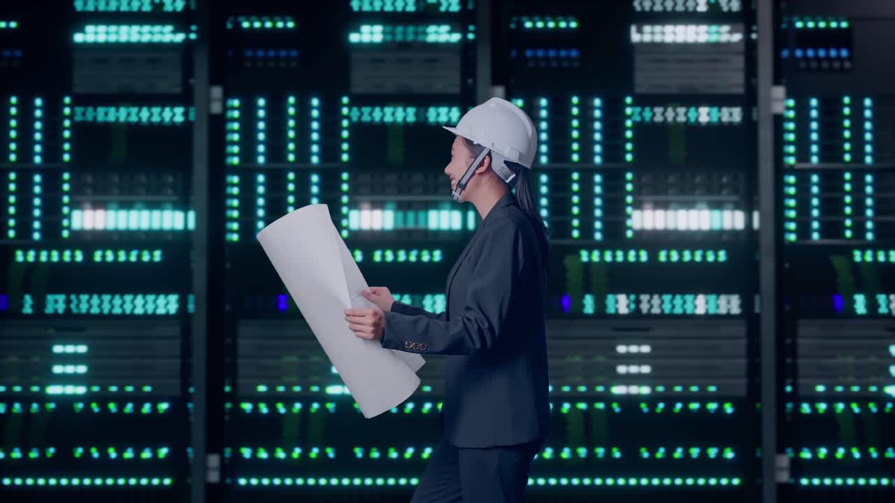 Sidebillede af en asiatisk forretningskvinde, der ser på tegninger i hænderne, mens hun går og ser sig omkring i et serverrum i et datacenter