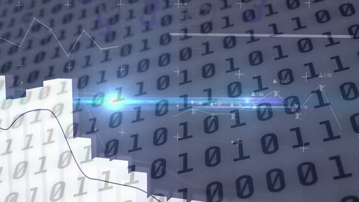 Animation of binary coding and financial data processing over black background