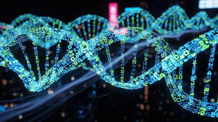 A Stunning Visualization of Genetic Coding and Digital Data Representation in 3D, Highlighting the Intersection of Biology and Technology in a Futuristic Cityscape