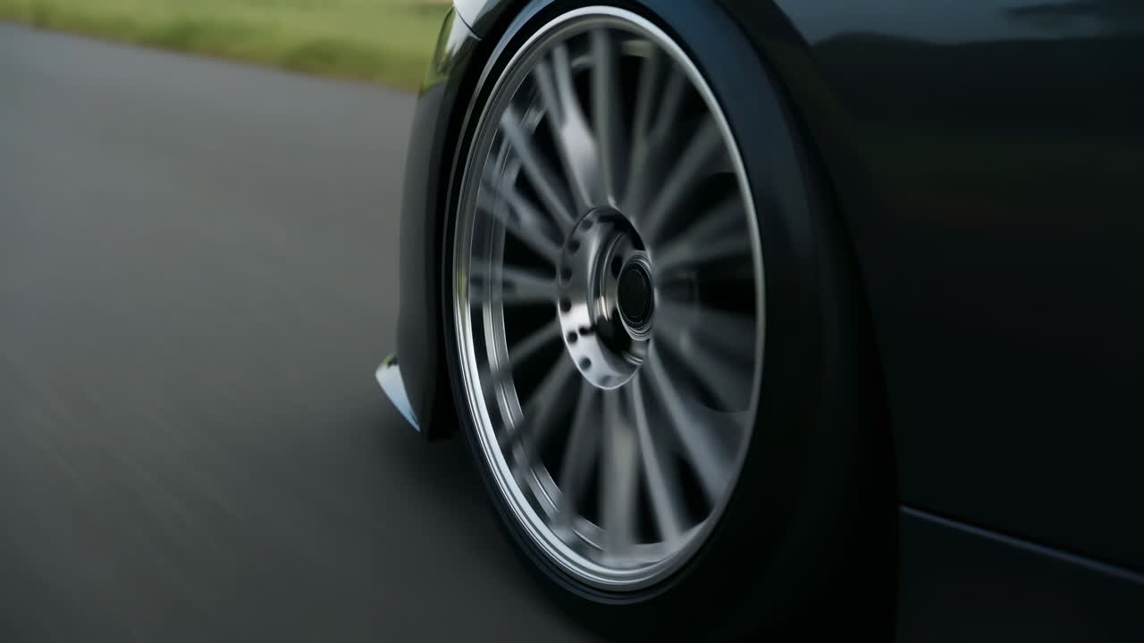 Nærbilde av bilhjul som spinner på asfalt, lettmetallfelg uskarp av fart, i lavvinkelopptak, premium sedan