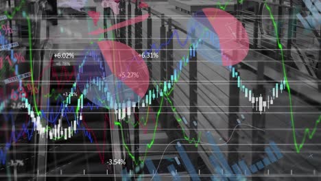 Animation-Der-Finanzdatenverarbeitung-über-Einer-Rolltreppe-In-Der-Stadt