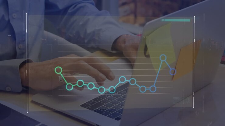Animation of statistical data processing against mid section of a man using laptop at office