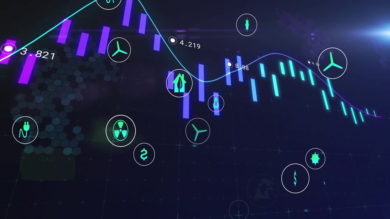 Animated chart showing teal line crossing bars causing oscillation and icons drifting to monitor