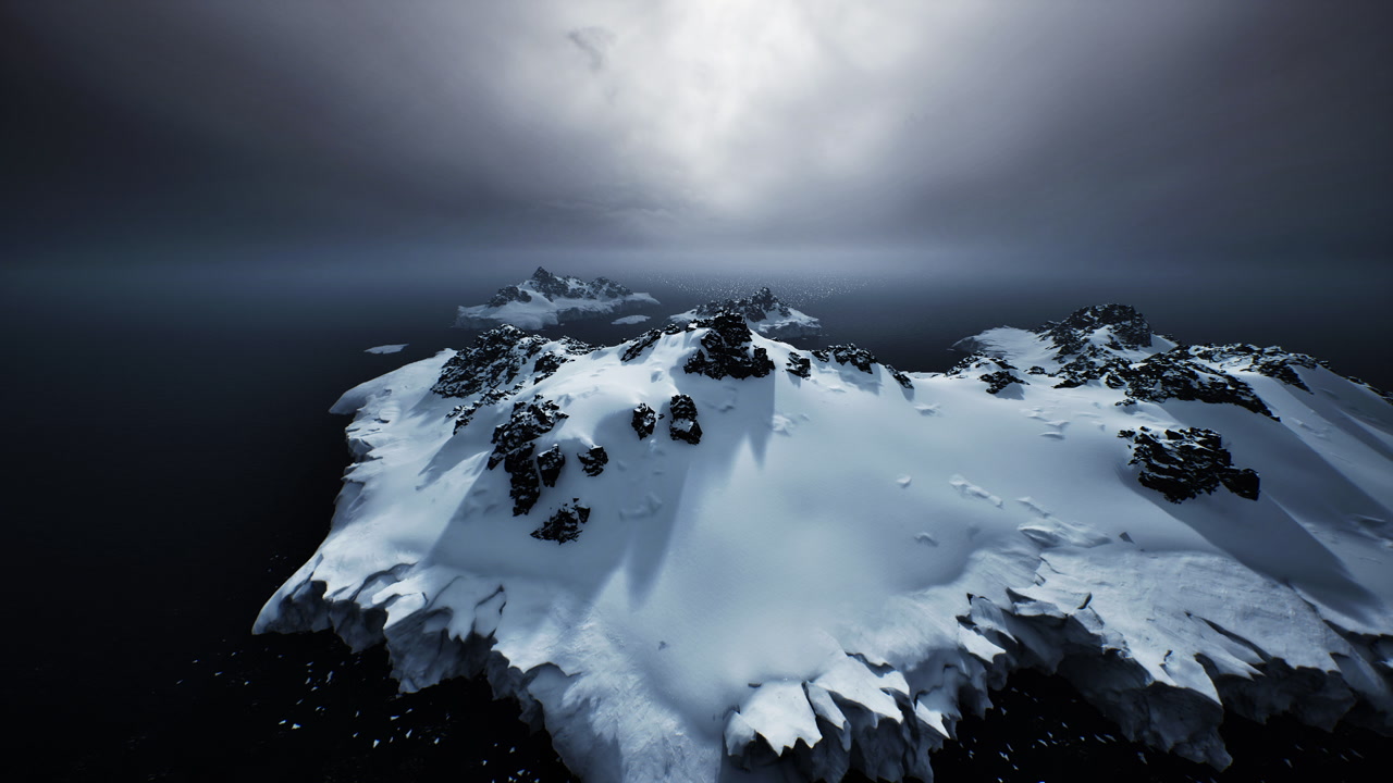 Remote icy plateau featuring rugged rock structures and coastal borders