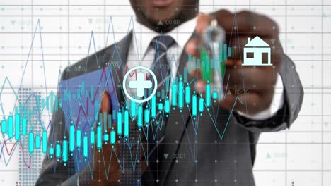 animación del procesamiento de datos financieros sobre un hombre de negocios afroamericano con llaves.