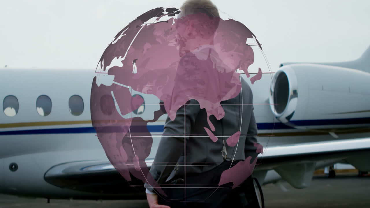Walking towards private jet, businessperson with globe animation overlay in background