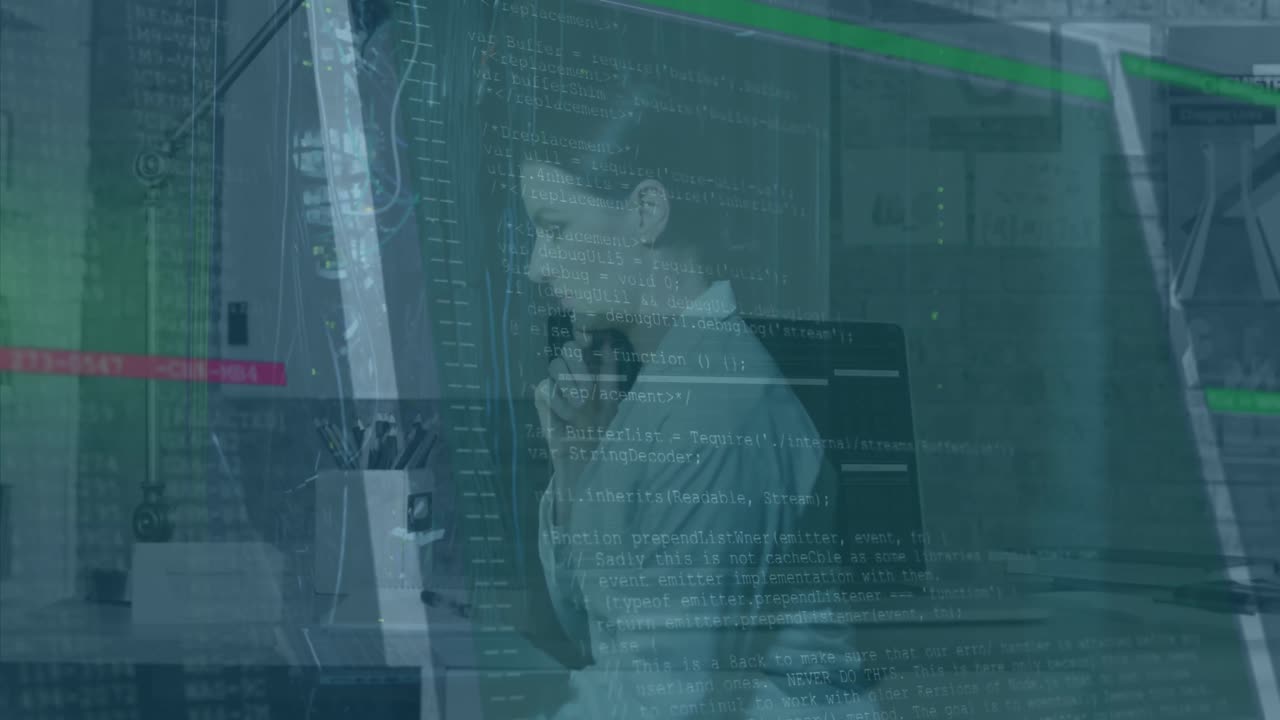 Animation of financial data processing over caucasian businesswoman in server room