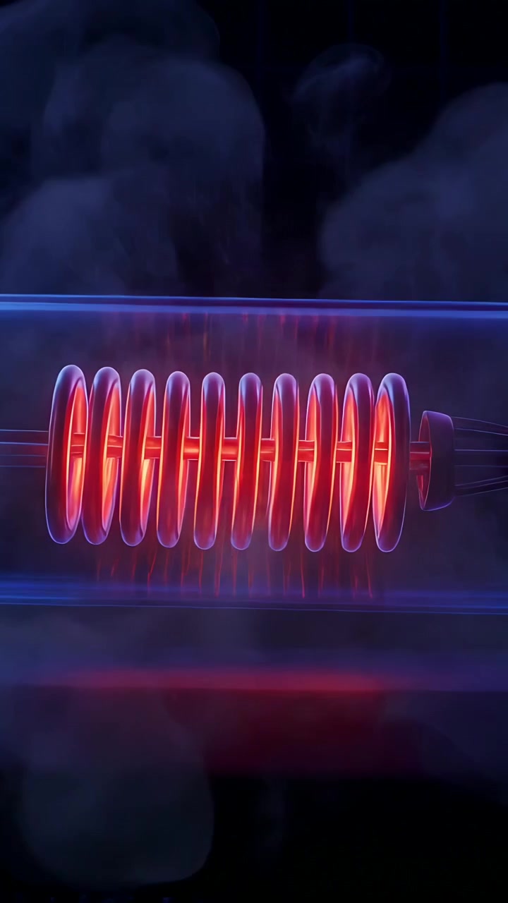Vertical video: Glowing helical coil inside glass tube sparking into flames from right side smoking