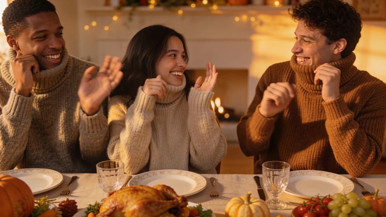 Tres adultos riendo en la mesa del hogar, celebrando con pavo, mientras ajustan sus cuellos de punto.