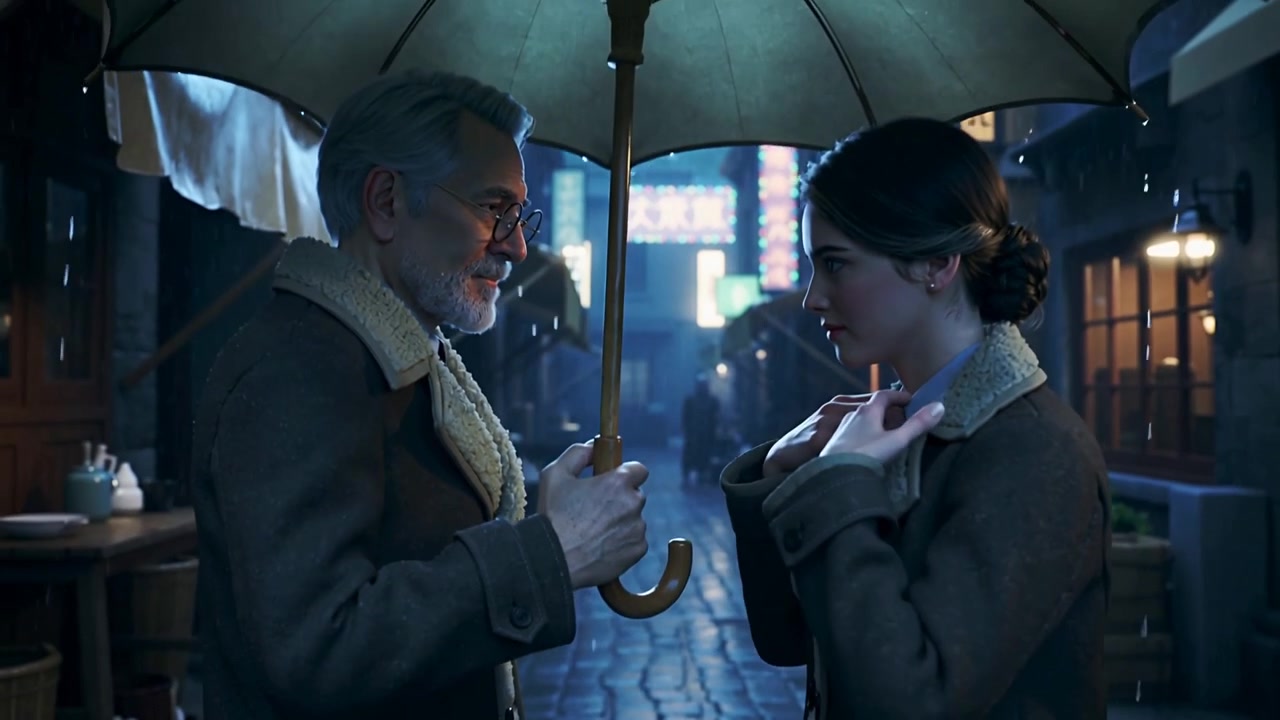 Rain falling man holding wood umbrella steadying canopy as woman adjusting fur coat on wet cobbles