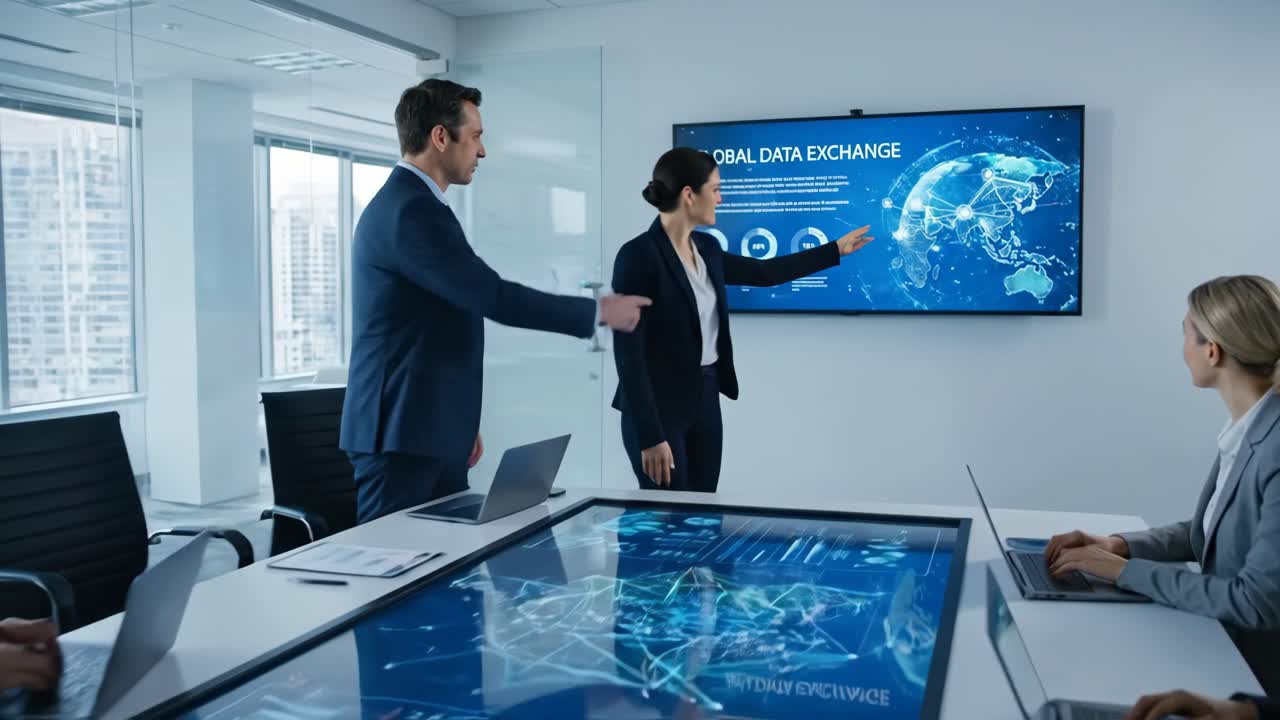 Business Professionals Shaking Hands and Discussing Data in Modern Office