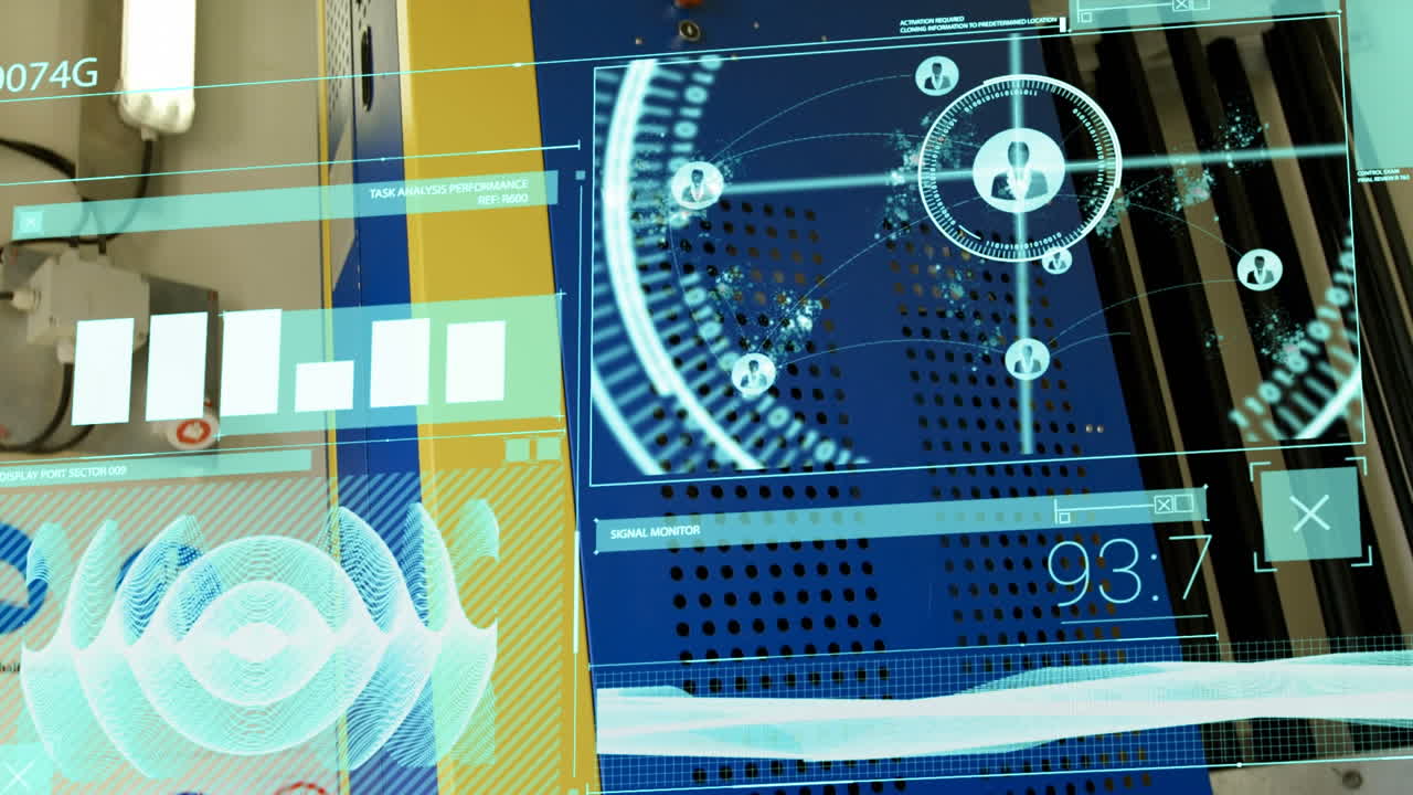 Animation of interface with data processing against close up of a server