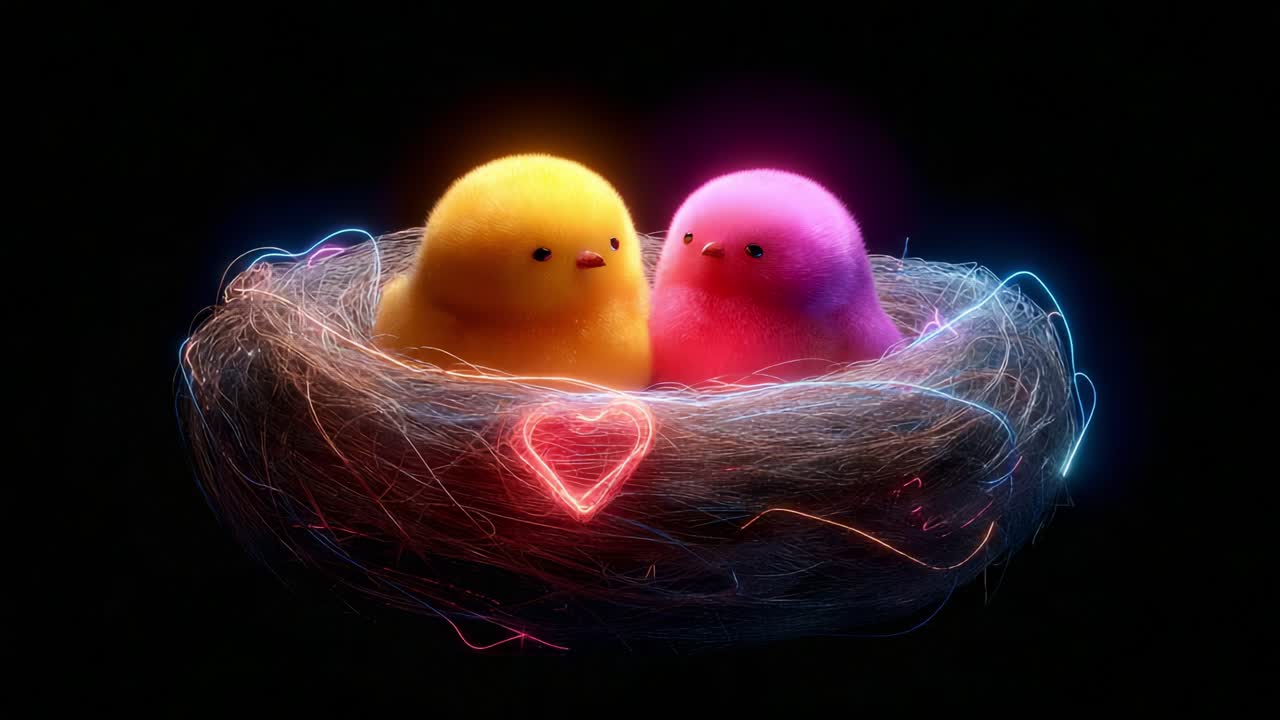Two adorable, fluffy chicks nestled together in a glowing nest, radiating warmth and love through vibrant, colorful lights and a heart shape, creating a whimsical and heartwarming scene