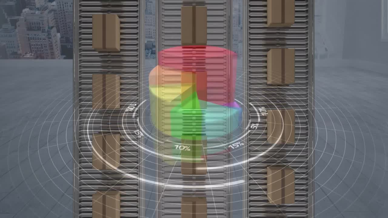 도시 풍경에 대한 컨베이어 벨트에 배달 상자에 대한 통계 데이터 처리