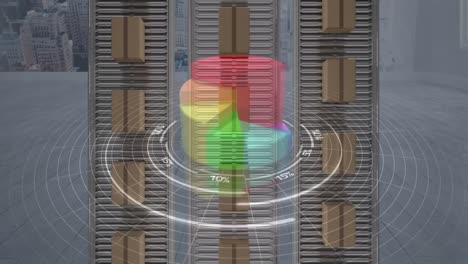 statistical data processing over delivery boxes on conveyor belt against cityscape