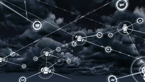 Animation-of-network-of-connections-with-icons-over-clouds-in-sky