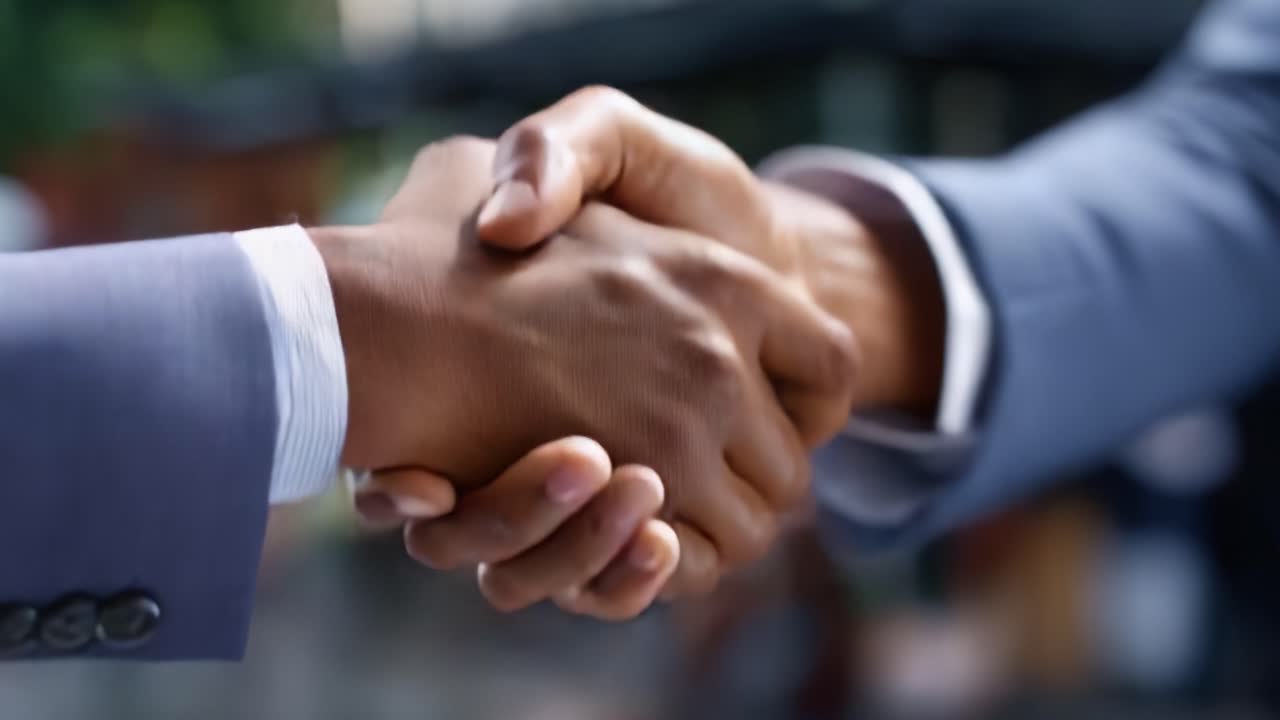 A professional handshake symbolizes agreement and collaboration between two individuals, showcasing unity and partnership in a business context