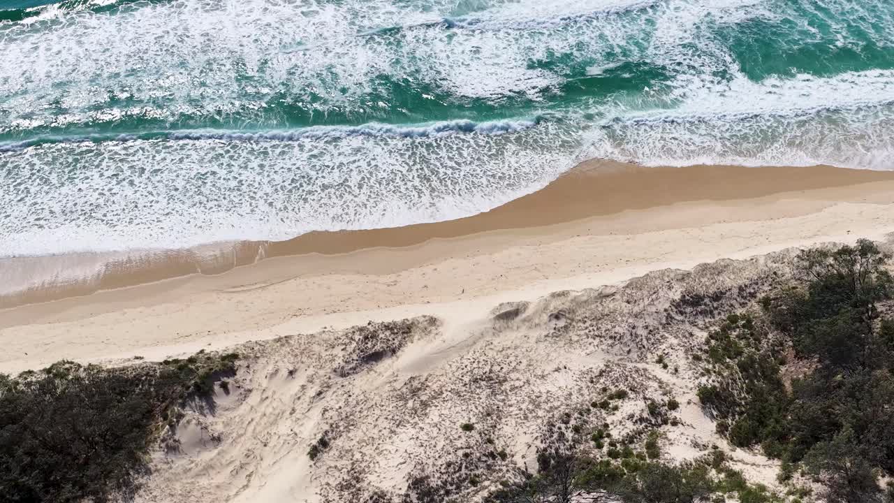 High angle drone shot pans from green coastal scrubland across sand dunes to ocean waves