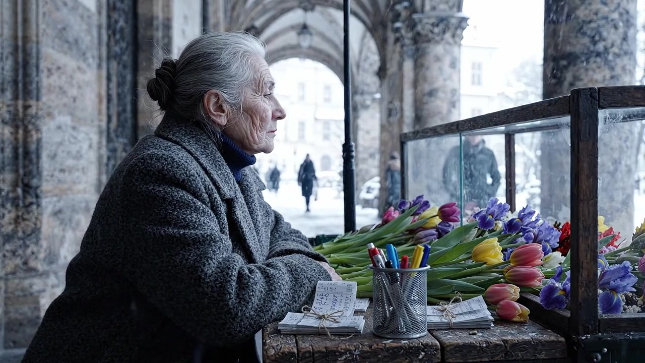 Un'anziana donna riflette mentre si occupa di una splendida esposizione di fiori colorati durante una serena giornata invernale, catturando l'essenza del calore in un ambiente freddo.