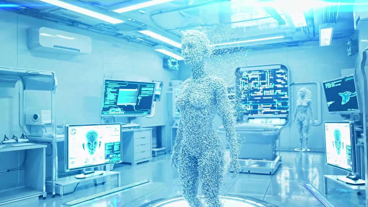 Cutting-edge technology displays a humanoid figure set against the backdrop of an advanced, futuristic laboratory environment