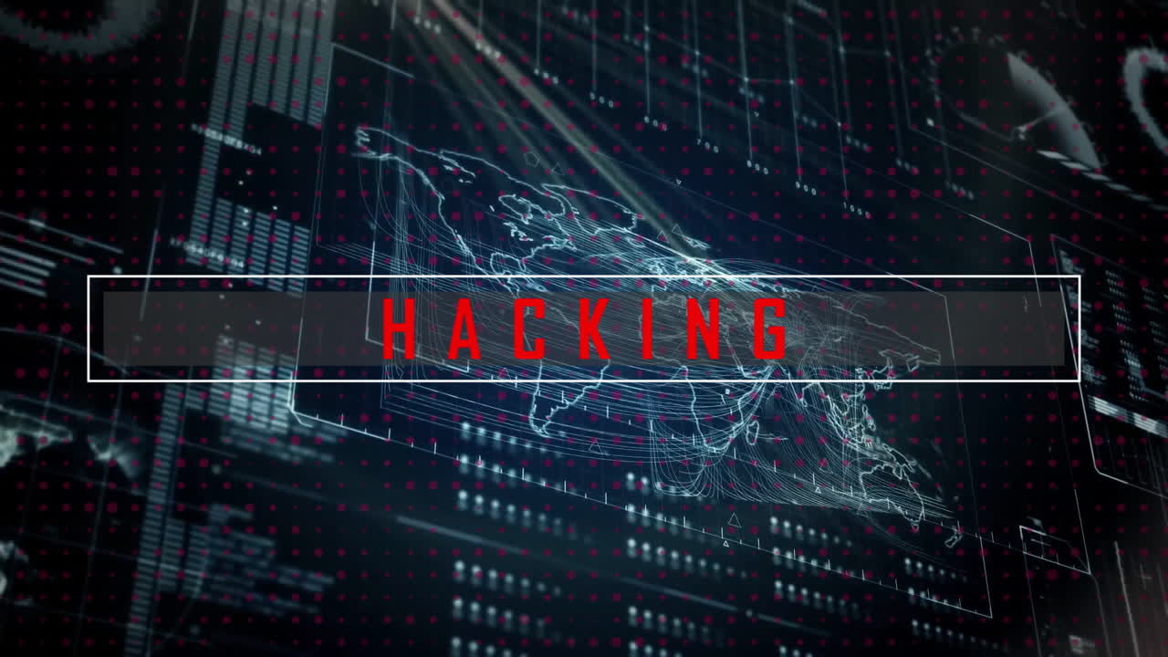 animación de hacking de texto y procesamiento de datos sobre el mapa del mundo