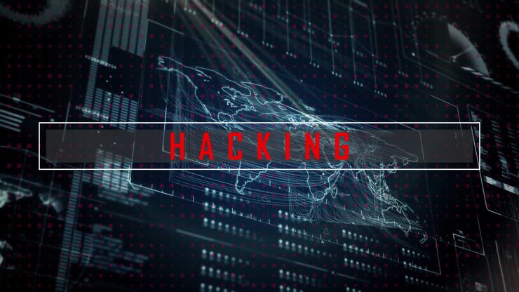 Animazione del testo "hacking" ed elaborazione dati su mappa del mondo.