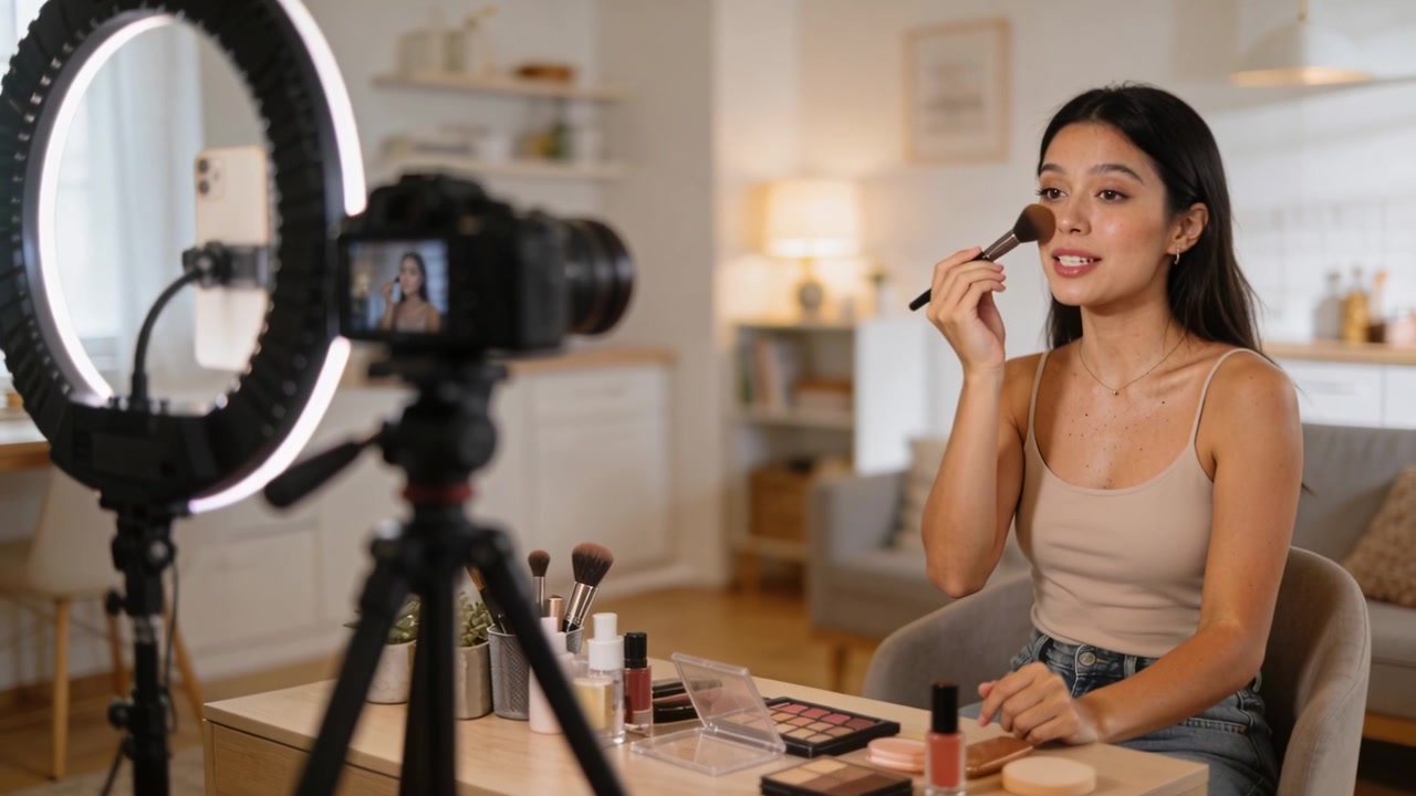 Starting ring light, woman wearing tan top and jeans applying cheek makeup at home for tutorial