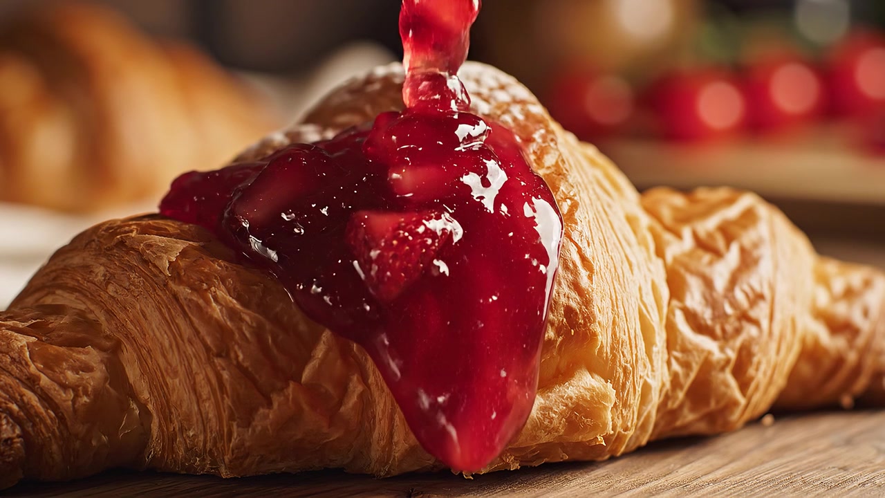 Delicious flaky croissant with sweet red fruit jam topping